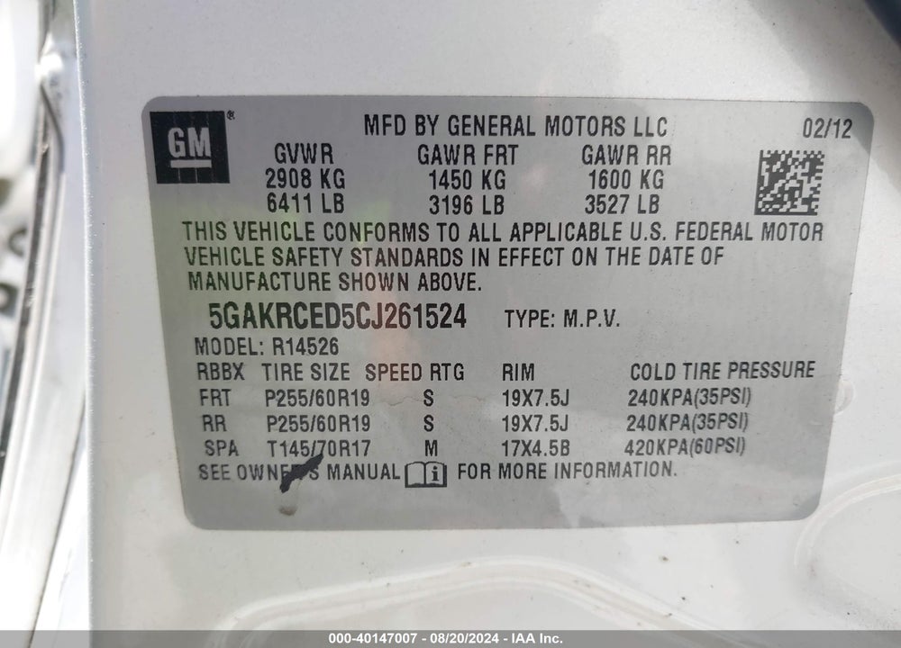 2012 BUICK ENCLAVE LEATHER VIN: 5GAKRCED5CJ261524