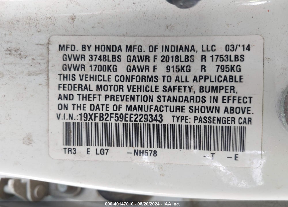 2014 HONDA CIVIC LX VIN: 19XFB2F59EE229343