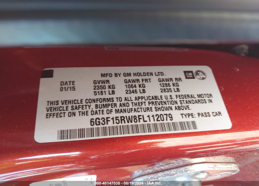 2015 CHEVROLET SS VIN: 6G3F15RW8FL112079