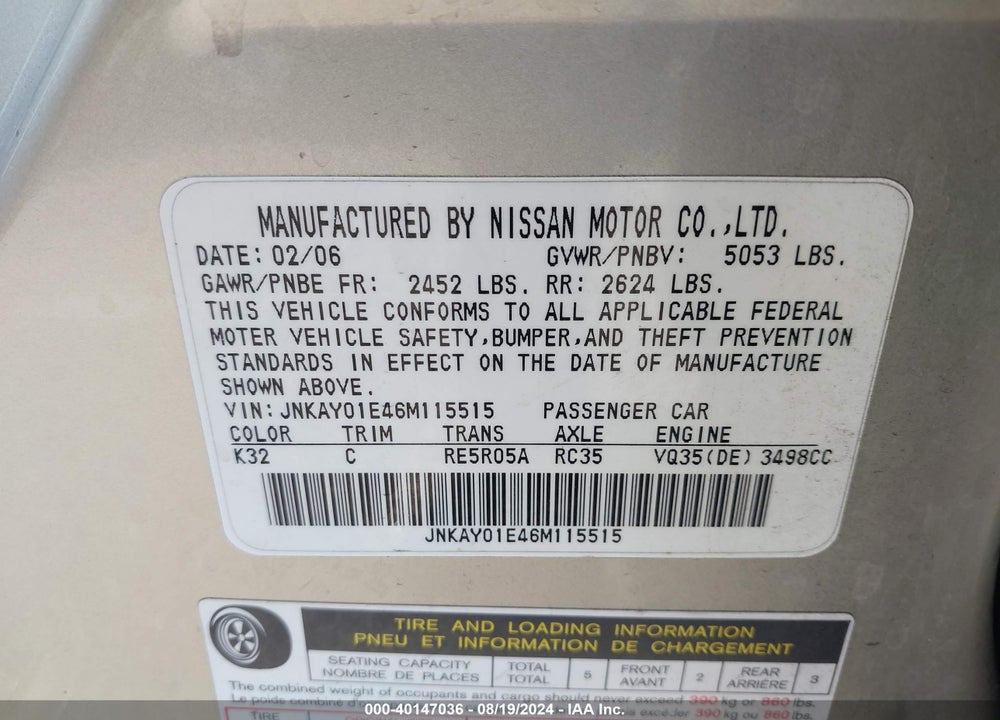 2006 INFINITI M35 VIN: JNKAY01E46M115515