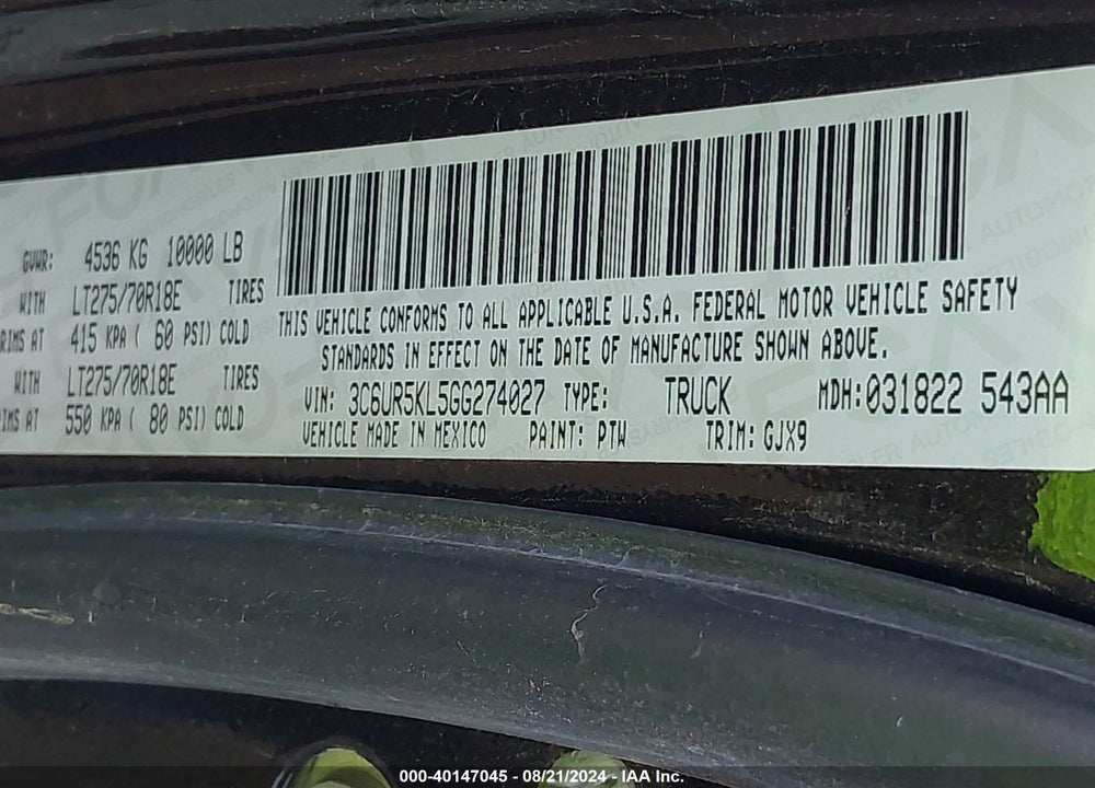 2016 RAM 2500 LAIE VIN: 3C6UR5KL5GG274027