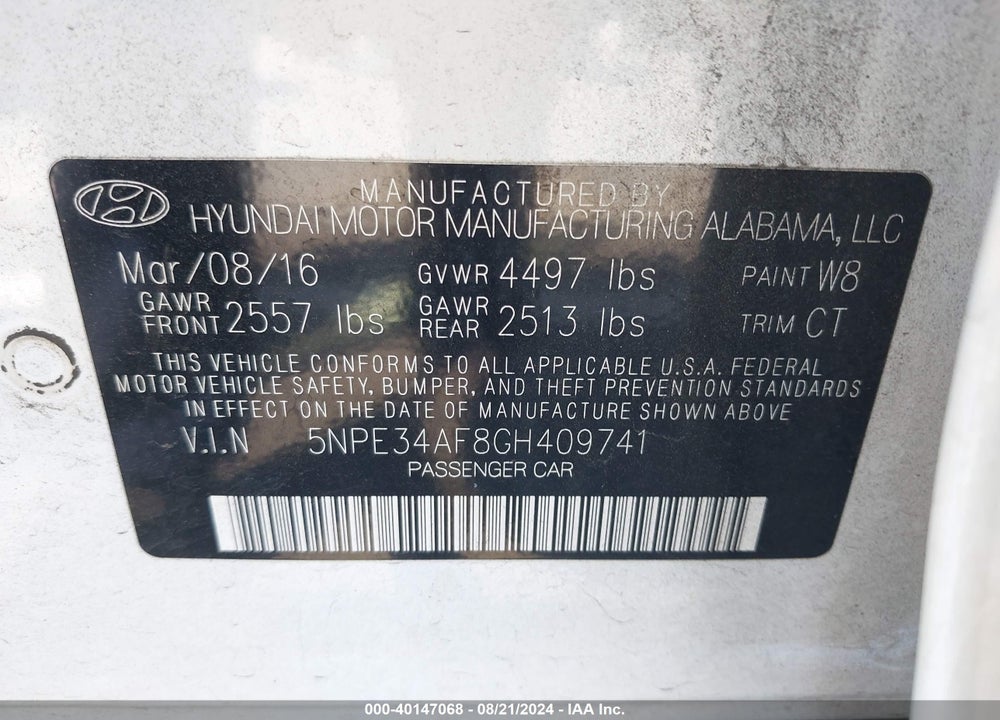 2016 HYUNDAI SONATA SPORT VIN: 5NPE34AF8GH409741