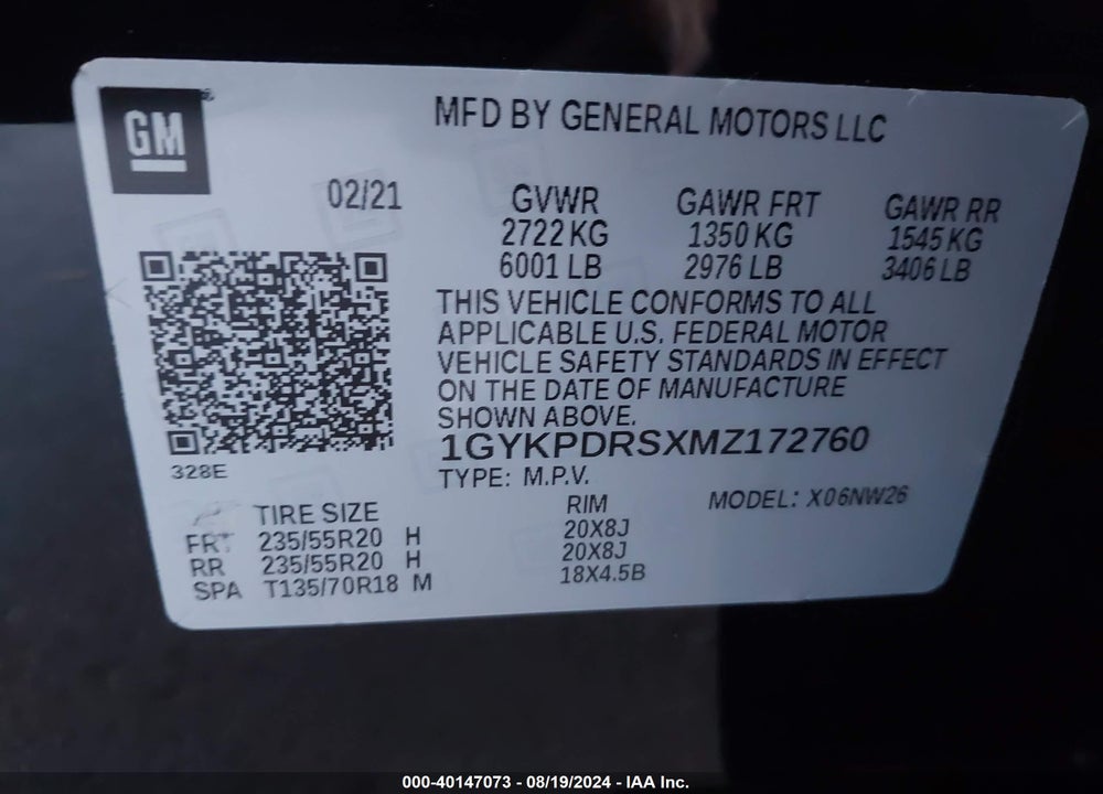2021 CADILLAC XT6 VIN: 1GYKPDRSXMZ172760