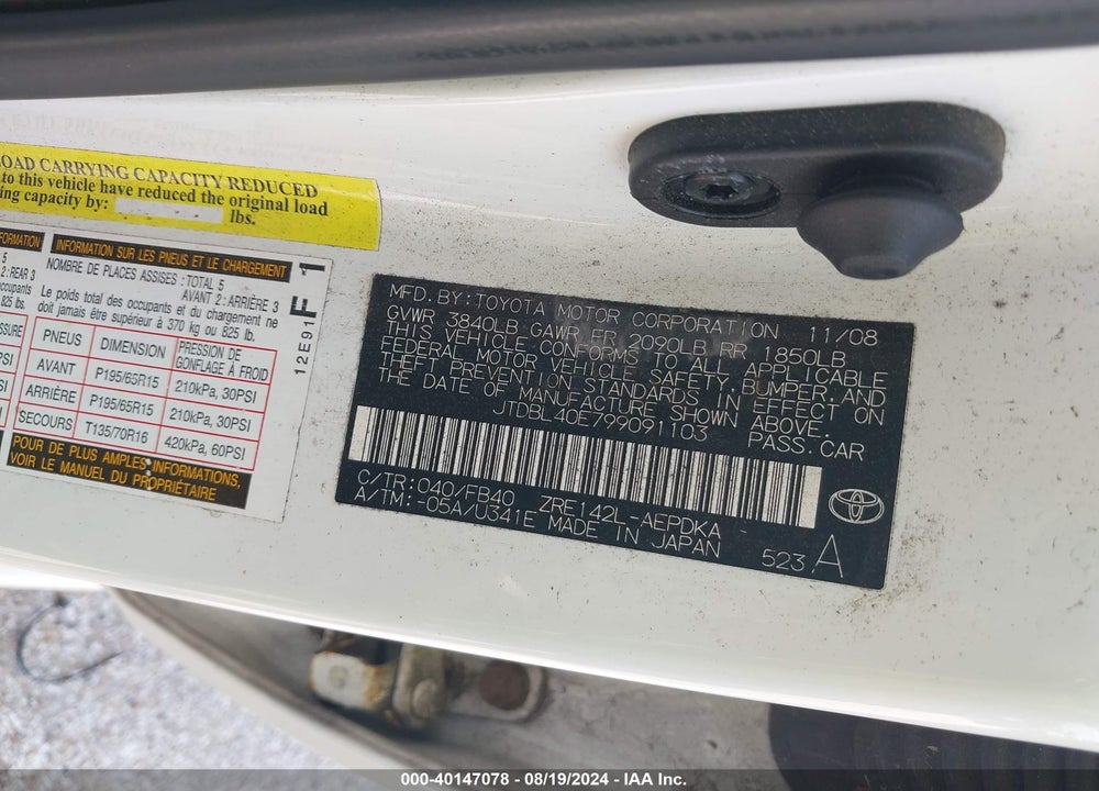 2009 TOYOTA COROLLA LE VIN: JTDBL40E799091103