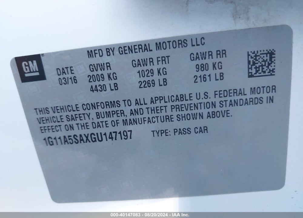 2016 CHEVROLET MALIBU LIMITED 1FL VIN: 1G11A5SAXGU147197
