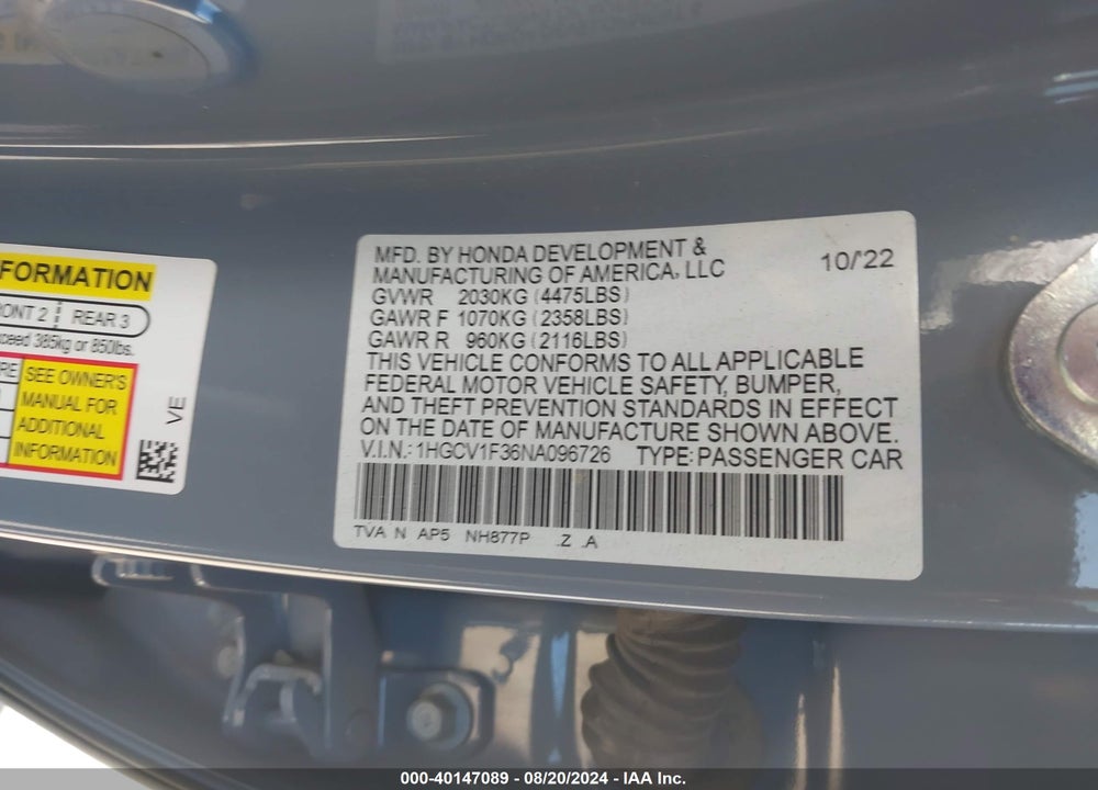 2022 HONDA ACCORD SPORT VIN: 1HGCV1F36NA096726