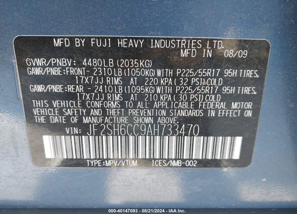 2010 SUBARU FORESTER 2.5X PREMIUM VIN: JF2SH6CC9AH733470