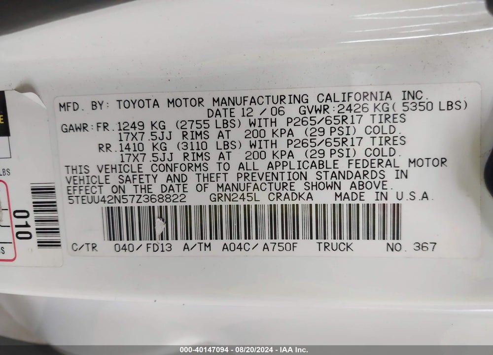 2007 TOYOTA TACOMA BASE V6 VIN: 5TEUU42N57Z368822