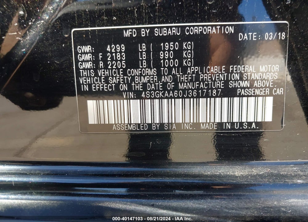 2018 SUBARU IMPREZA VIN: 4S3GKAA60J3617187