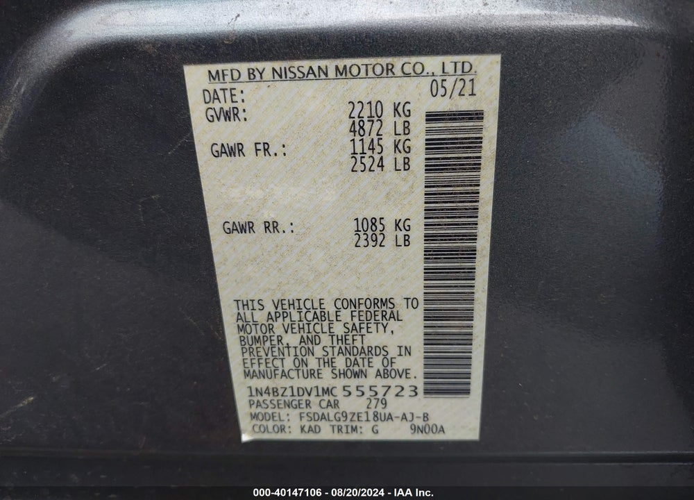 2021 NISSAN LEAF SL PLUS 62 KWH VIN: 1N4BZ1DV1MC555723