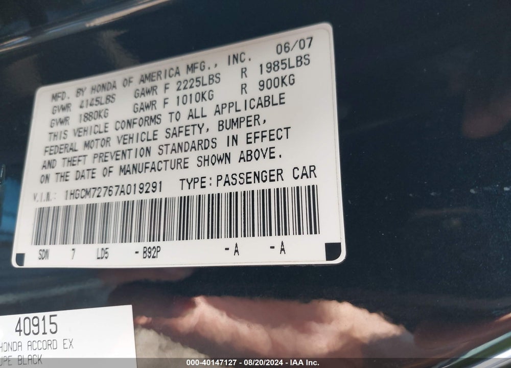 2007 HONDA ACCORD 2.4 EX VIN: 1HGCM72767A019291