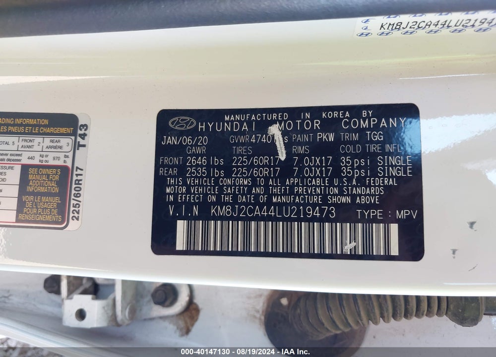 2020 HYUNDAI TUCSON SE VIN: KM8J2CA44LU219473