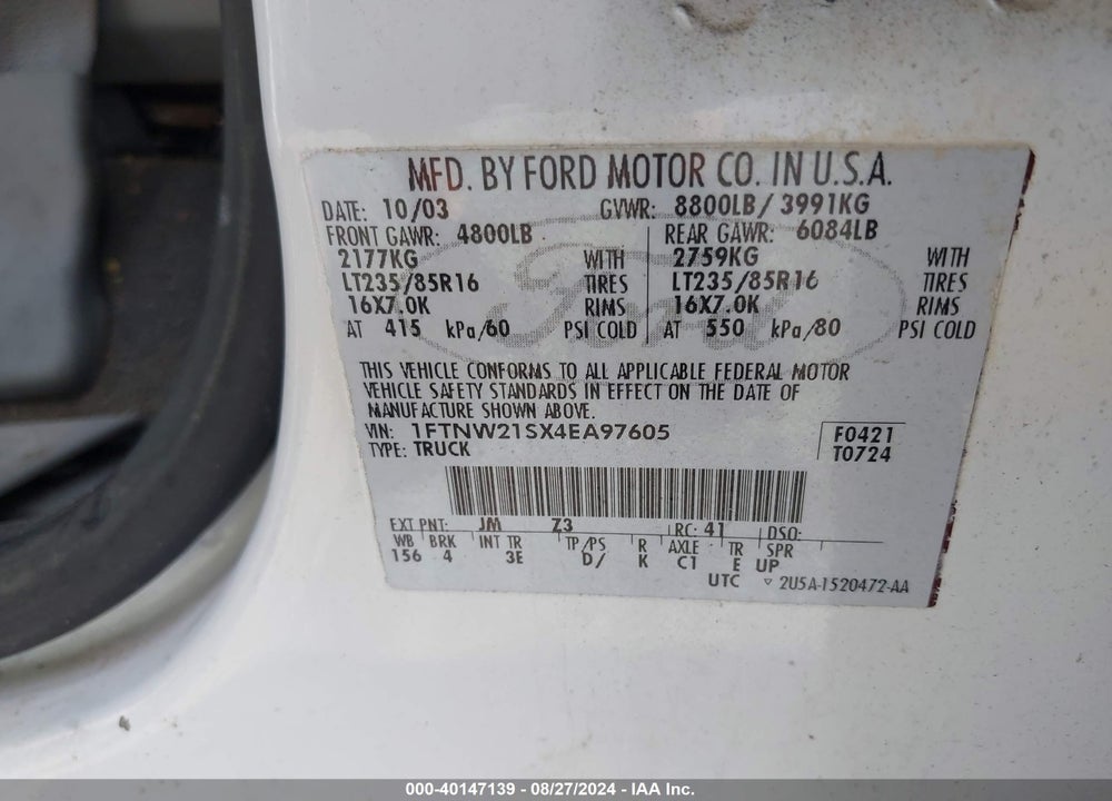 2004 FORD F-250 LARIAT/XL/XLT VIN: 1FTNW21SX4EA97605