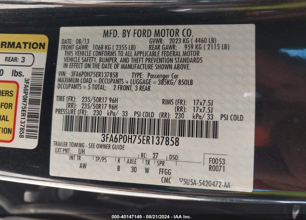 2014 FORD FUSION SE VIN: 3FA6P0H75ER137858
