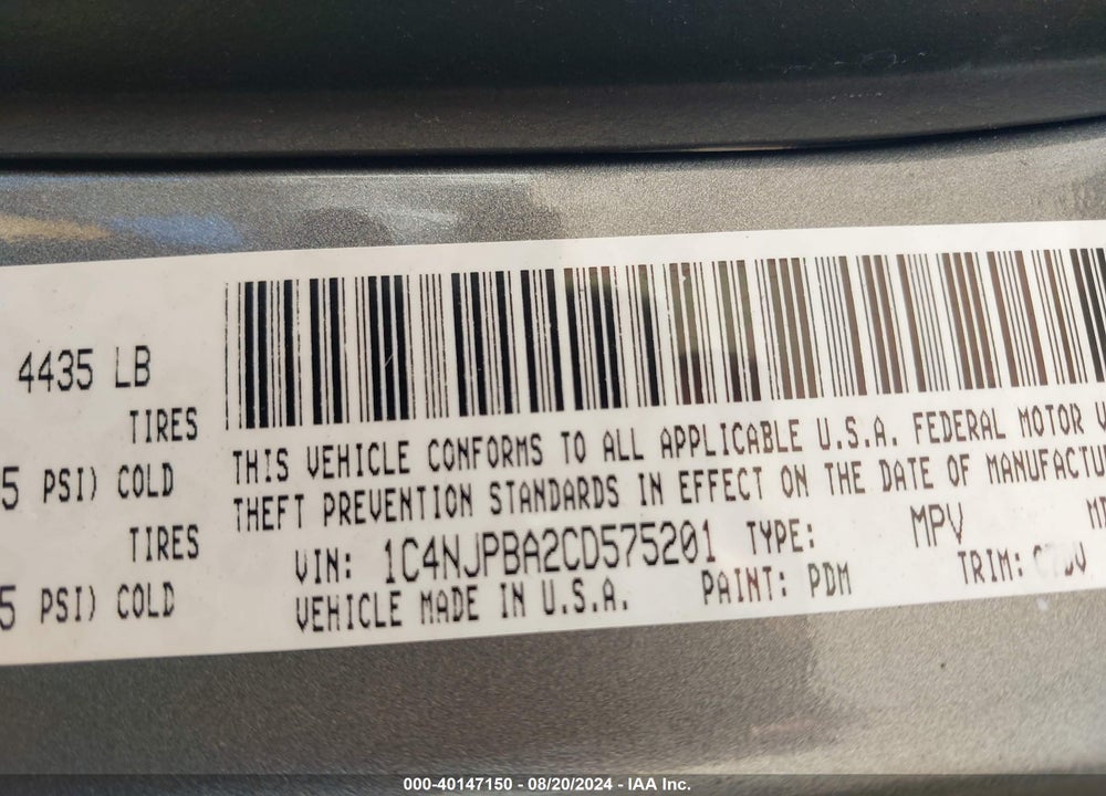 2012 JEEP PATRIOT SPORT VIN: 1C4NJPBA2CD575201