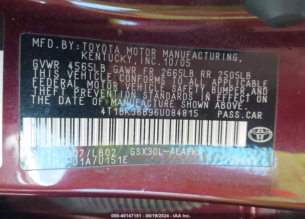 2006 TOYOTA AVALON LIMITED VIN: 4T1BK36B96U084815
