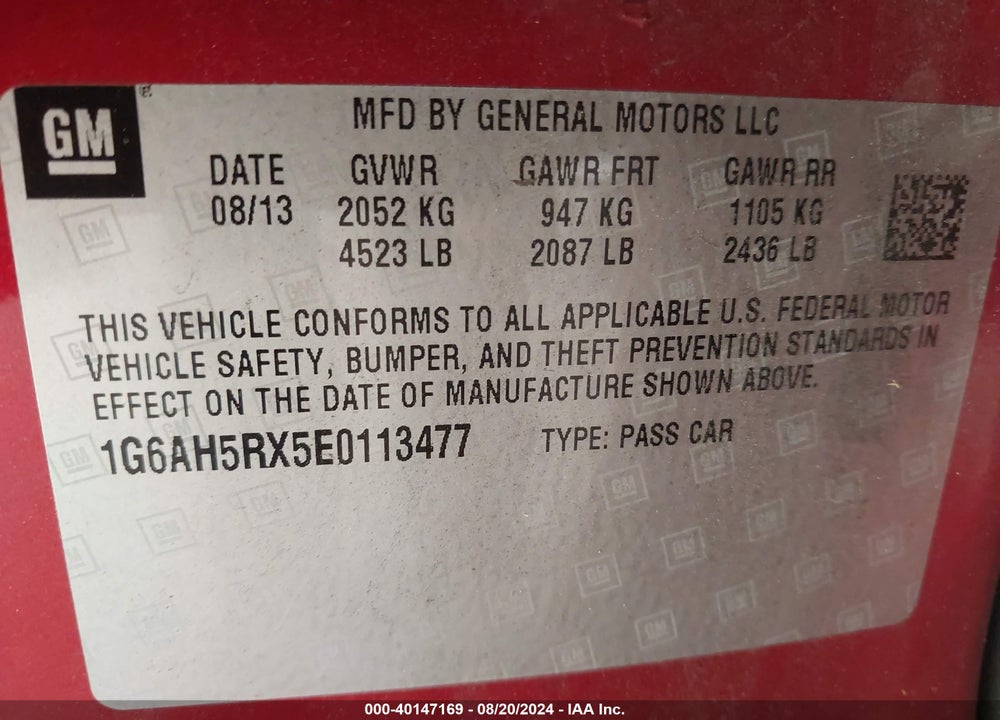 2014 CADILLAC ATS LUXURY VIN: 1G6AH5RX5E0113477