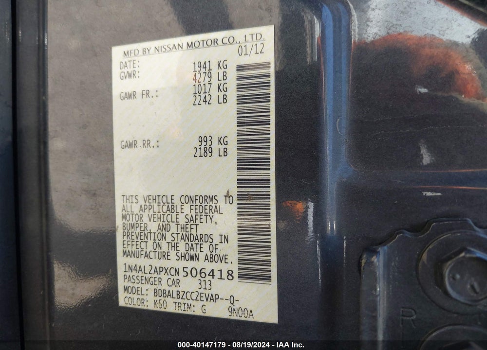 2012 NISSAN ALTIMA 2.5 S VIN: 1N4AL2APXCN506418