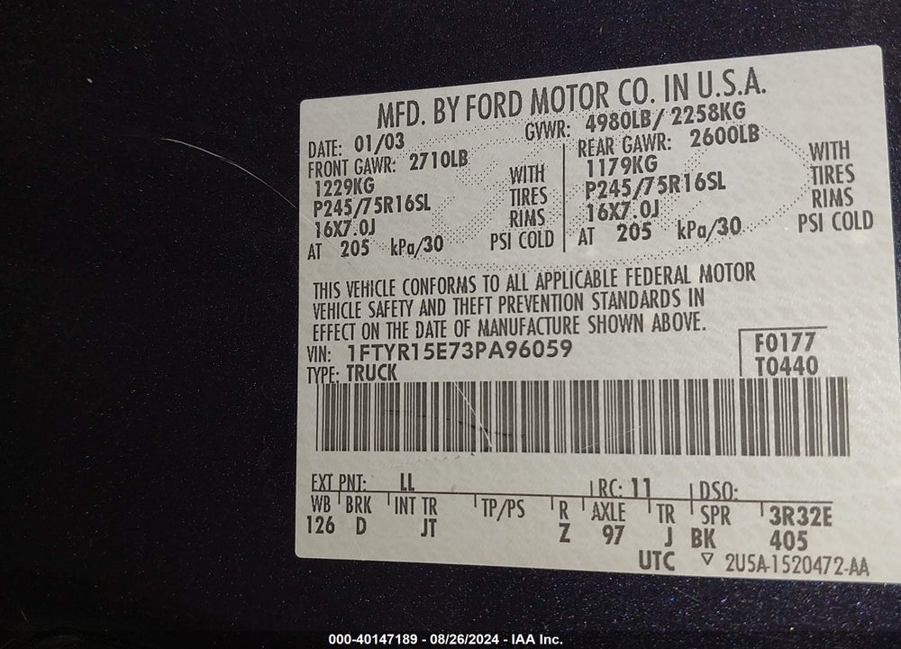 2003 FORD RANGER XLT VIN: 1FTYR15E73PA96059