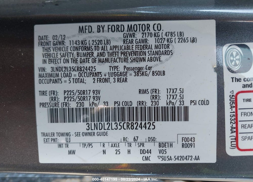 2012 LINCOLN MKZ HYBRID VIN: 3LNDL2L35CR824425