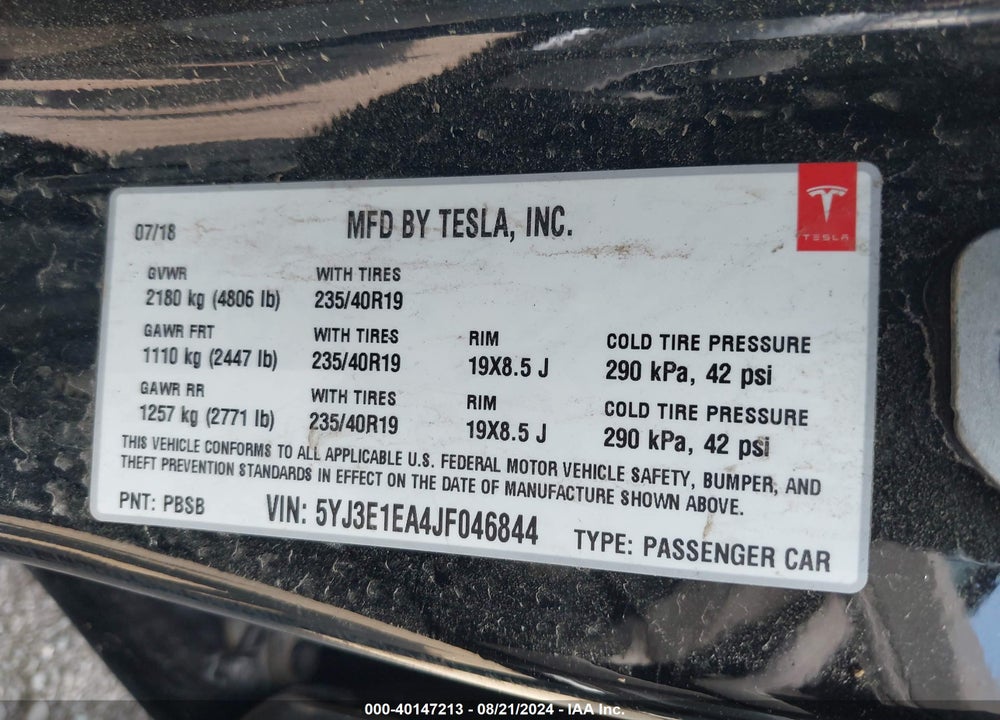 2018 TESLA MODEL 3 LONG RANGE/MID RANGE VIN: 5YJ3E1EA4JF046844