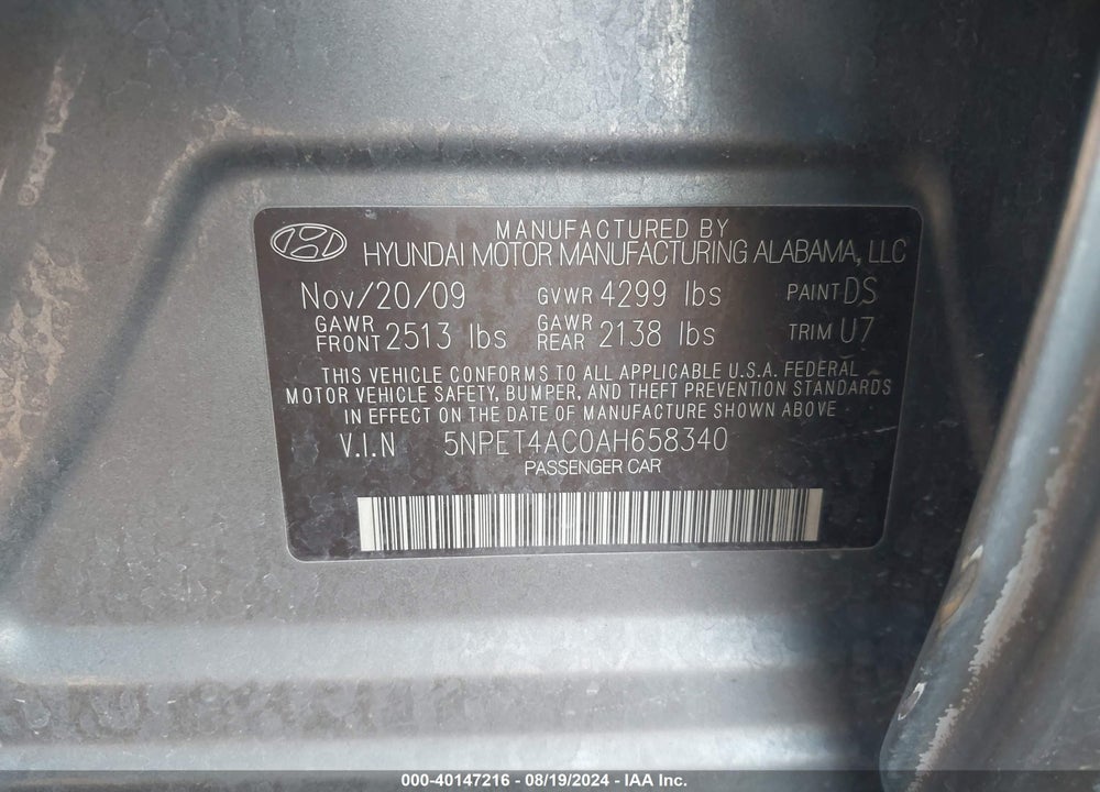2010 HYUNDAI SONATA GLS VIN: 5NPET4AC0AH658340