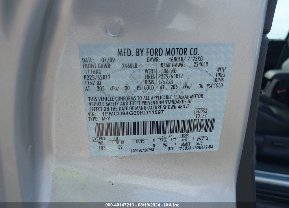 2009 FORD ESCAPE LIMITED VIN: 1FMCU94G09KD11597