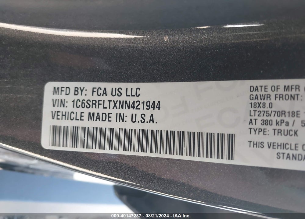2022 RAM 1500 REBEL 4X4 5'7 BOX VIN: 1C6SRFLTXNN421944