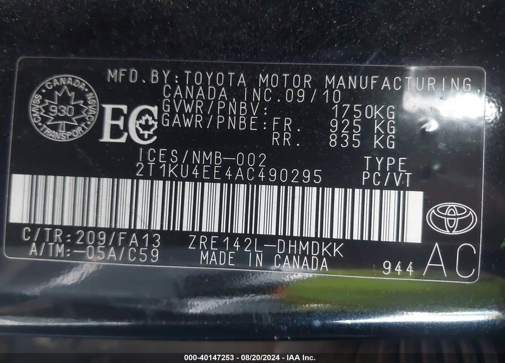 2010 TOYOTA MATRIX VIN: 2T1KU4EE4AC490295