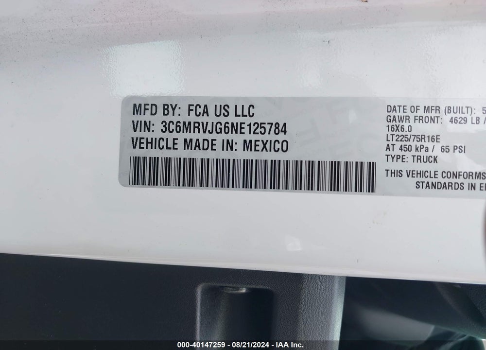 2022 RAM PROMASTER 3500 CARGO VAN HIGH ROOF 159 WB EXT VIN: 3C6MRVJG6NE125784