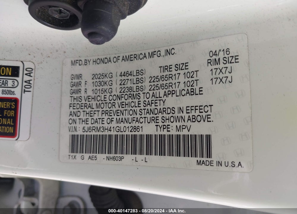 2016 HONDA CR-V VIN: 5J6RM3H41GL012861
