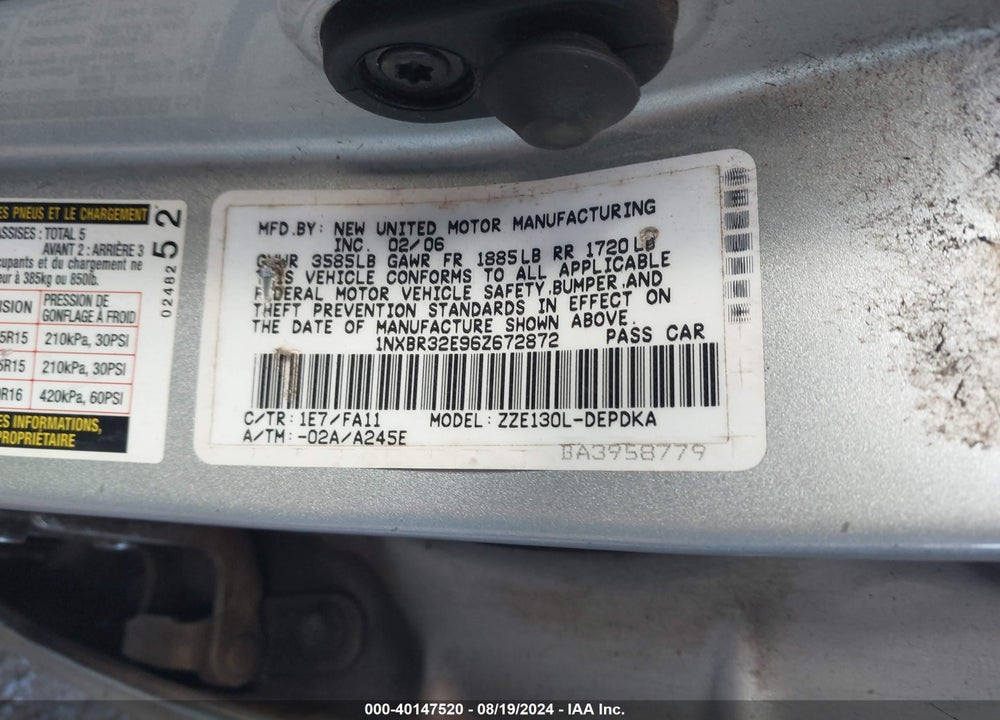 2006 TOYOTA COROLLA CE VIN: 1NXBR32E96Z672872