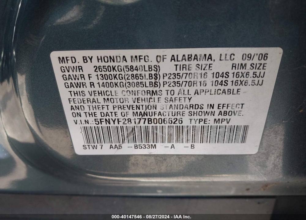 2007 HONDA PILOT LX VIN: 5FNYF28177B006626