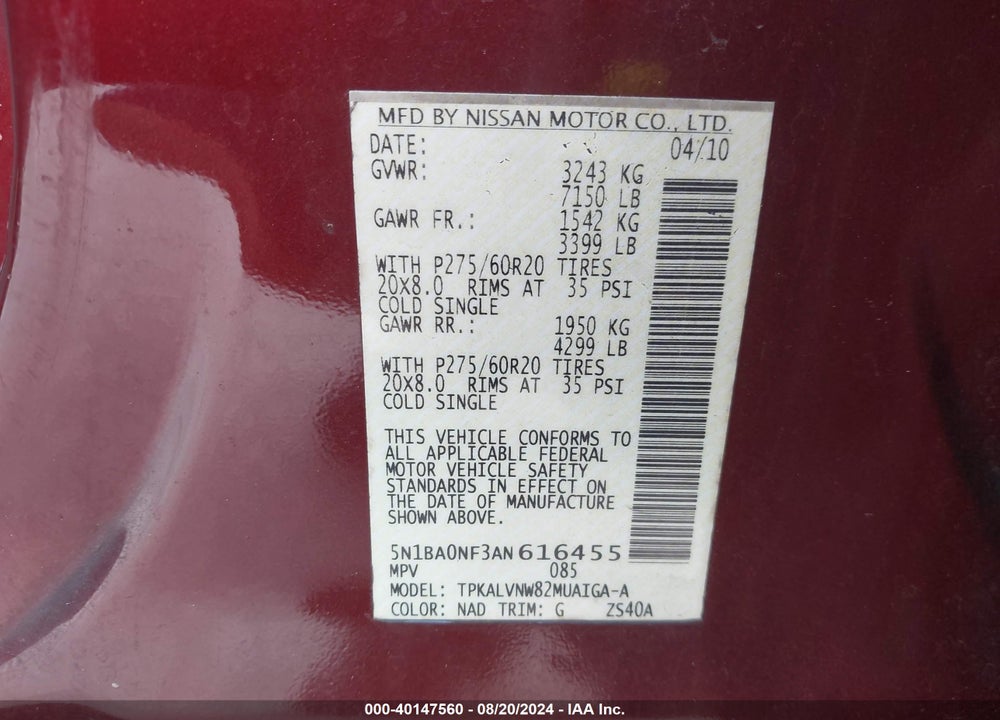 2010 NISSAN ARMADA PLATINUM VIN: 5N1BA0NF3AN616455