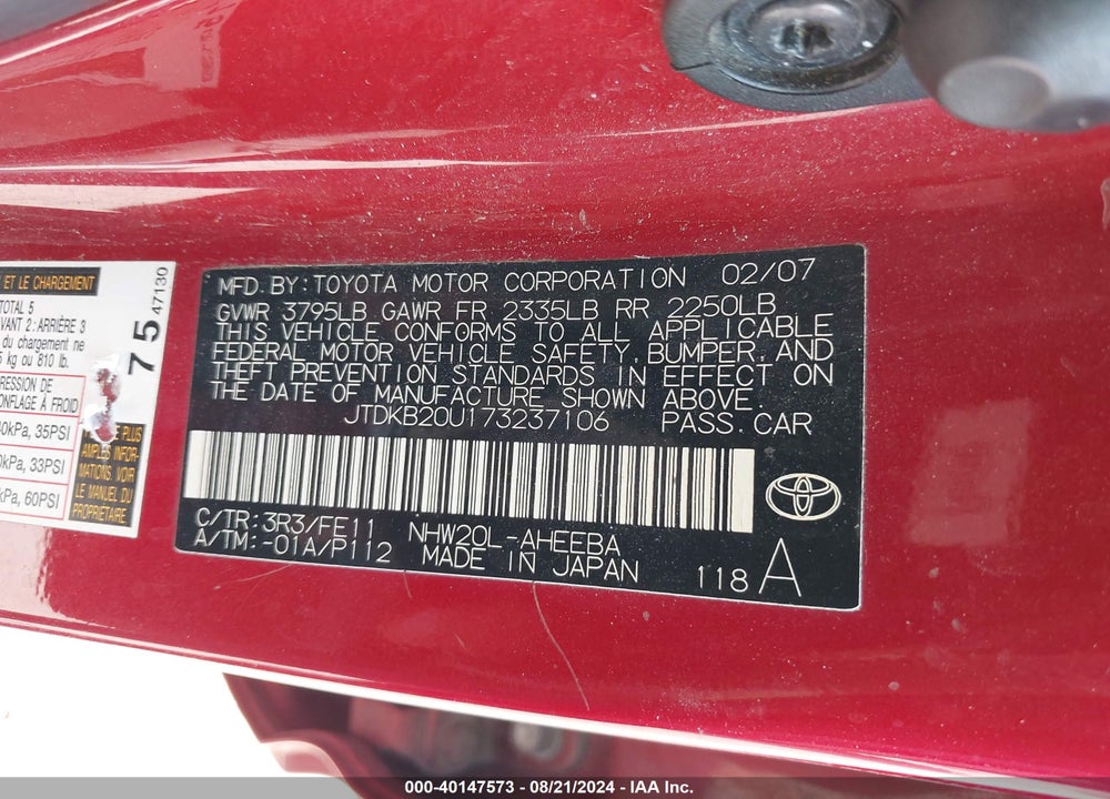 2007 TOYOTA PRIUS VIN: JTDKB20U173237106