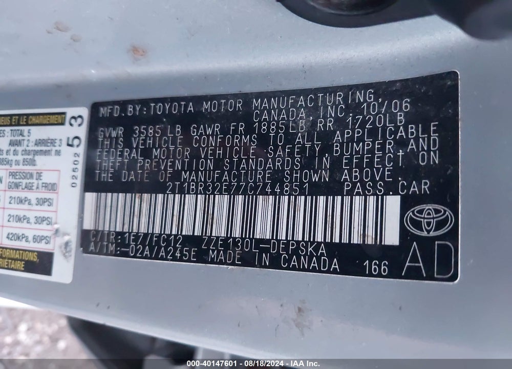 2007 TOYOTA COROLLA S VIN: 2T1BR32E77C744851