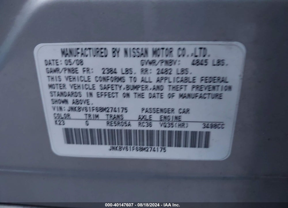 2008 INFINITI G35X VIN: JNKBV61F68M274175