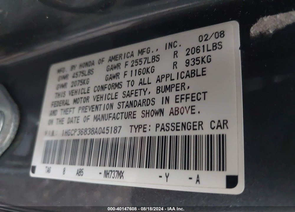 2008 HONDA ACCORD 3.5 EX-L VIN: 1HGCP36838A045187