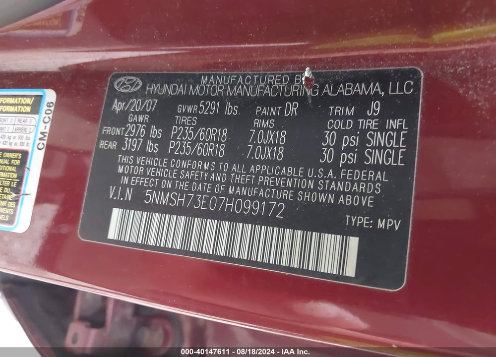 2007 HYUNDAI SANTA FE LIMITED/SE VIN: 5NMSH73E07H099172