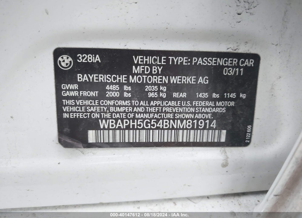 2011 BMW 328I VIN: WBAPH5G54BNM81914