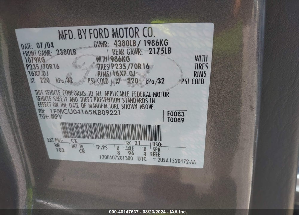 2005 FORD ESCAPE LIMITED VIN: 1FMCU04165KB09221
