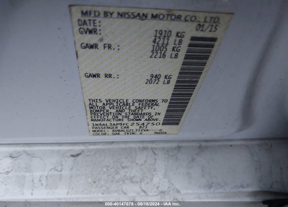 2015 NISSAN ALTIMA VIN: 1N4AL3AP9FC254750