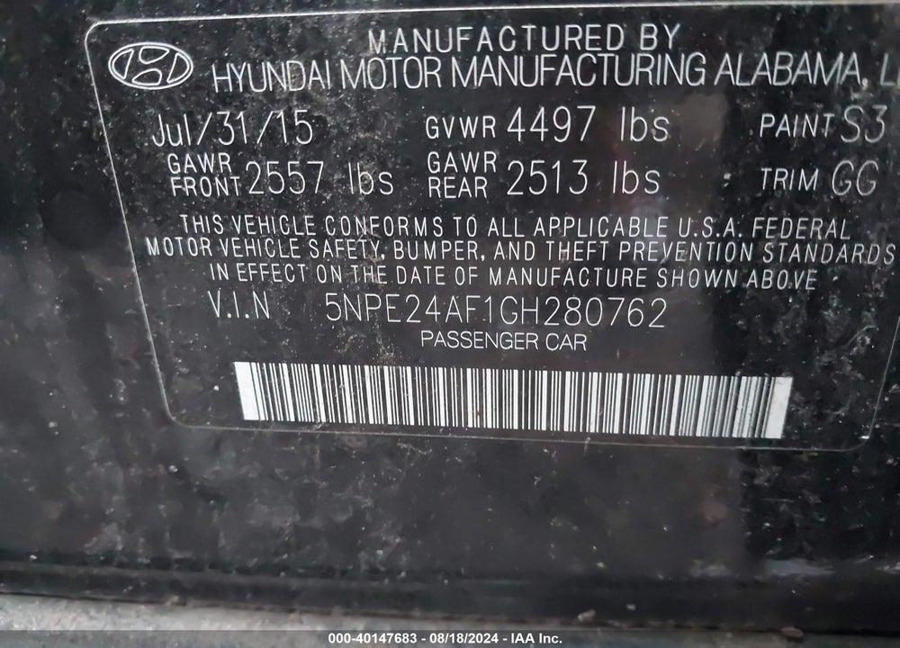 2016 HYUNDAI SONATA SE VIN: 5NPE24AF1GH280762