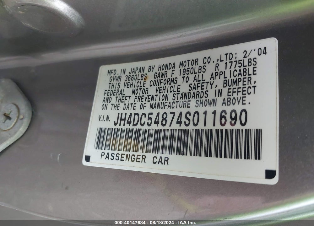 2004 ACURA RSX VIN: JH4DC54874S011690