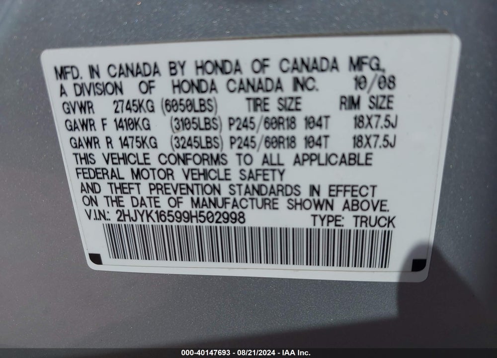 2009 HONDA RIDGELINE RTL VIN: 2HJYK16599H502998
