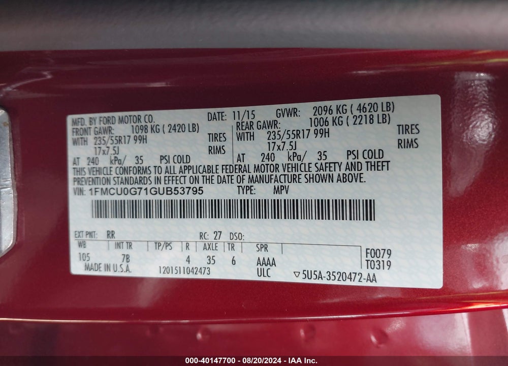 2016 FORD ESCAPE SE VIN: 1FMCU0G71GUB53795