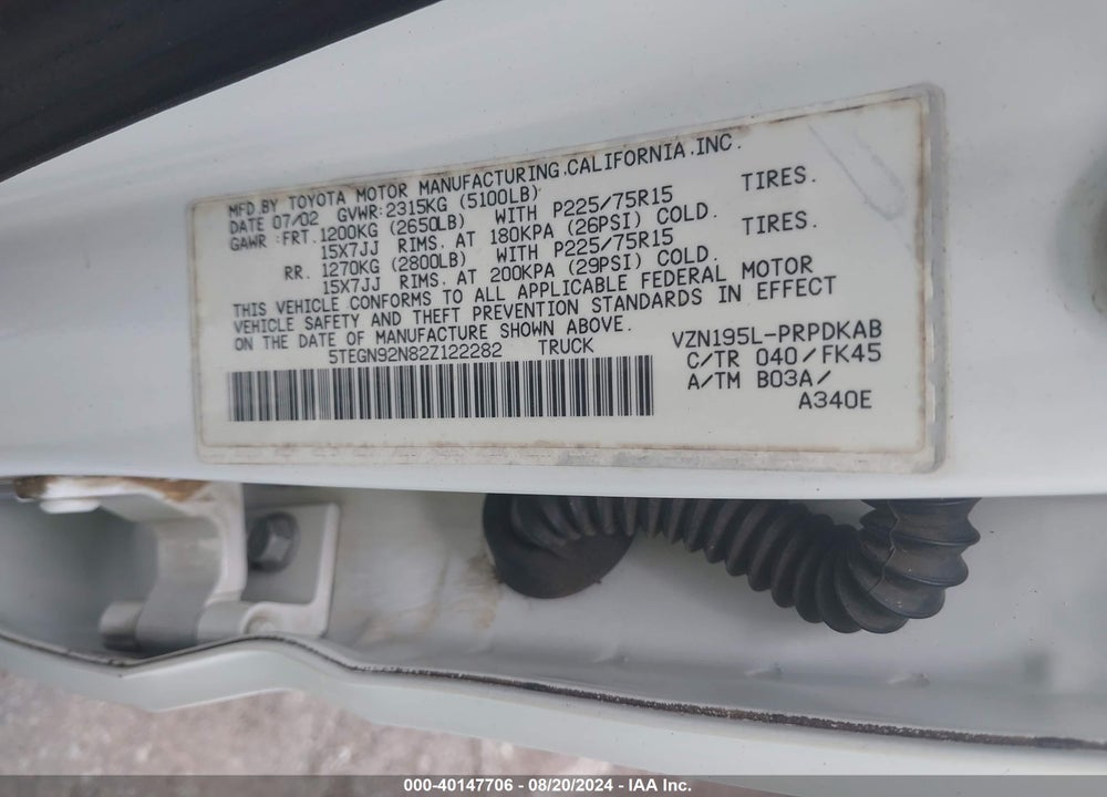 2002 TOYOTA TACOMA PRERUNNER V6 VIN: 5TEGN92N82Z122282