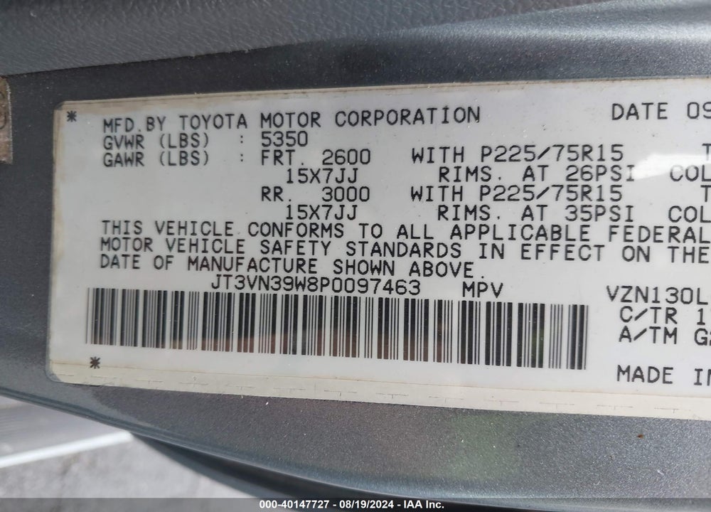 1993 TOYOTA 4RUNNER VN39 SR5 VIN: JT3VN39W8P0097463