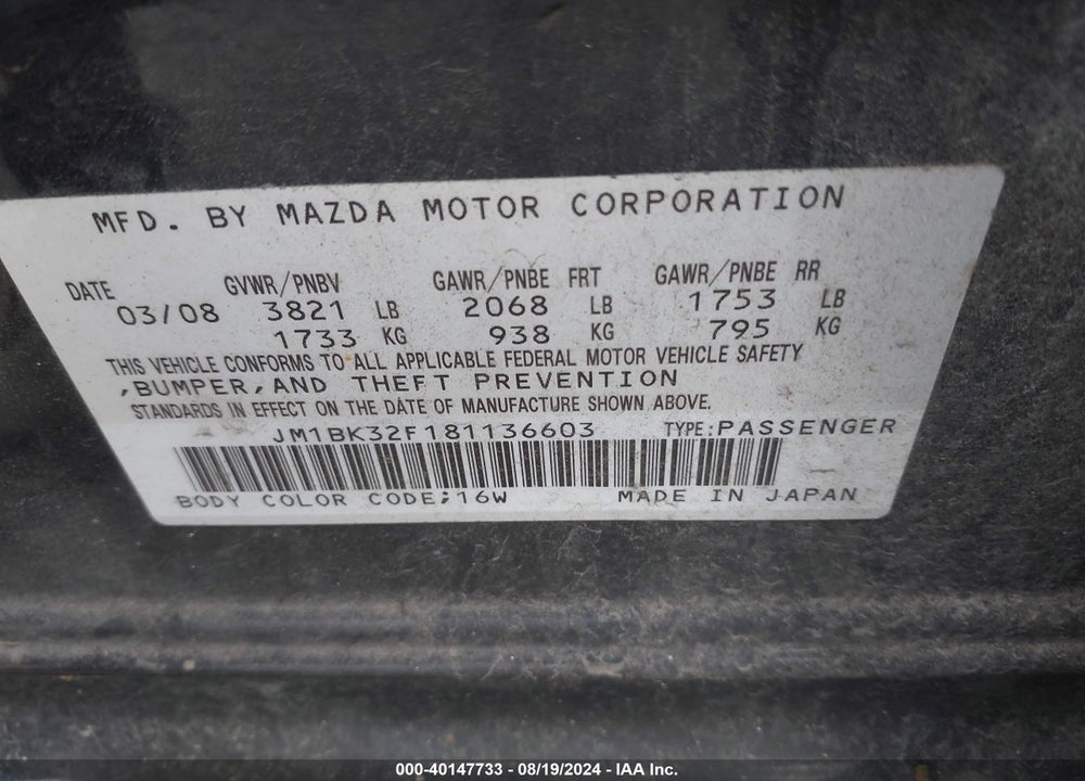 2008 MAZDA 3 I TOURING VALUE VIN: JM1BK32F181136603