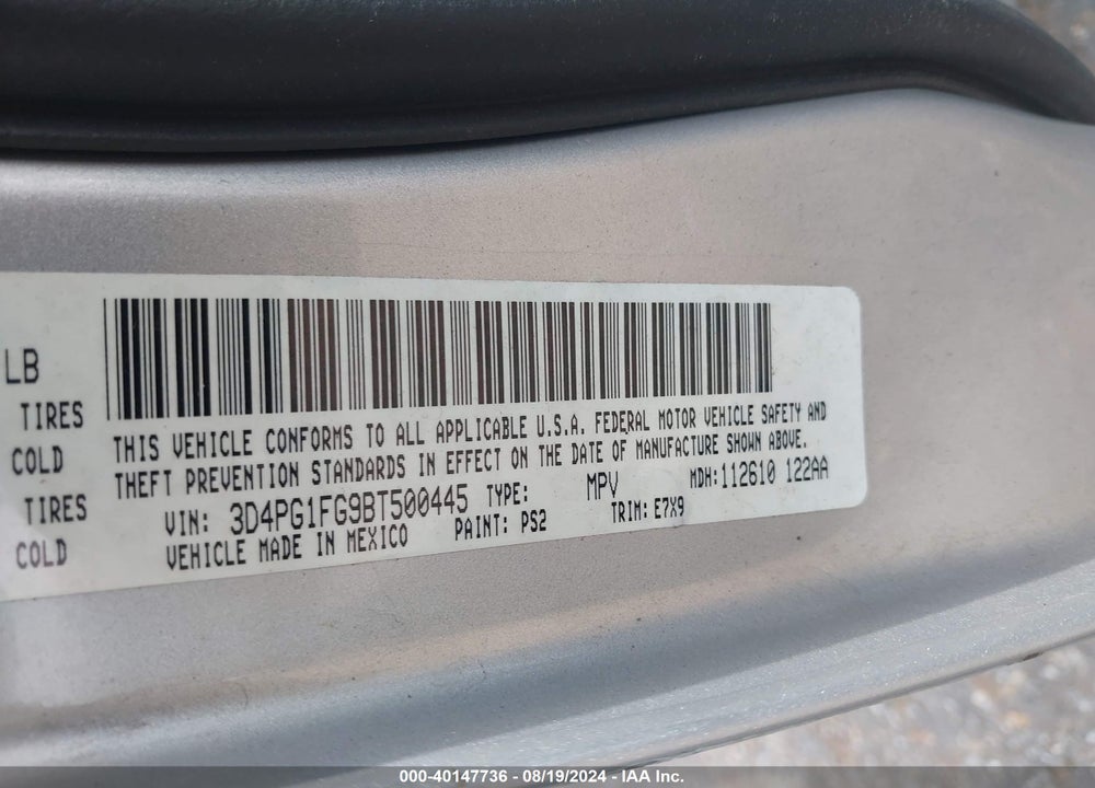2011 DODGE JOURNEY MAINSTREET VIN: 3D4PG1FG9BT500445